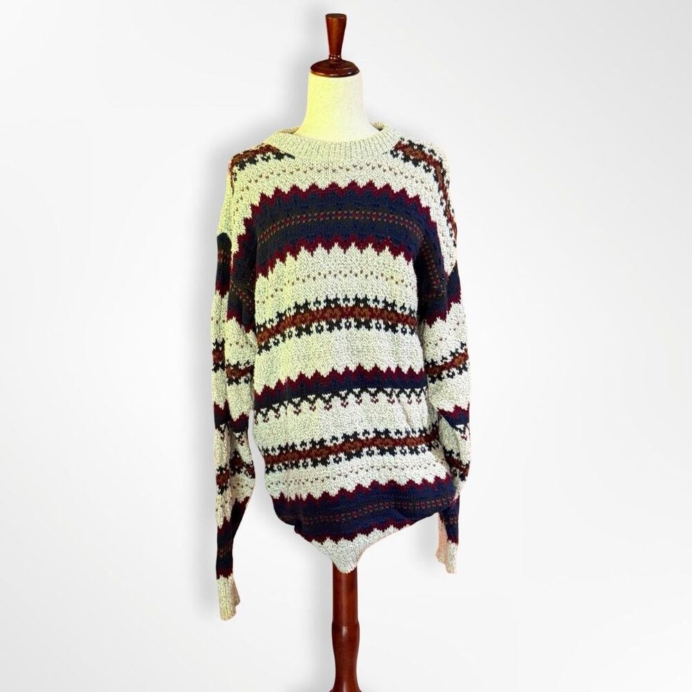 Vintage 90s Cream Navy Fair Isle Geometric 100% Cotton Sweater, L Grandpacore